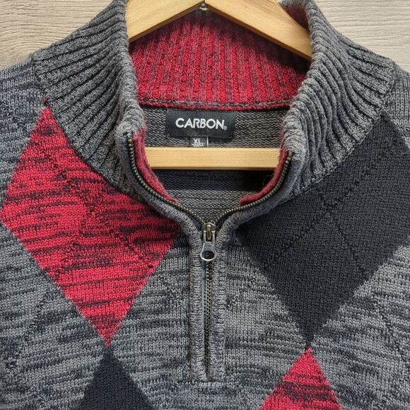 Carbon Men's Red and Black Argyle Pullover 1/4 zip Sweater Size XL - Picture 5 of 7